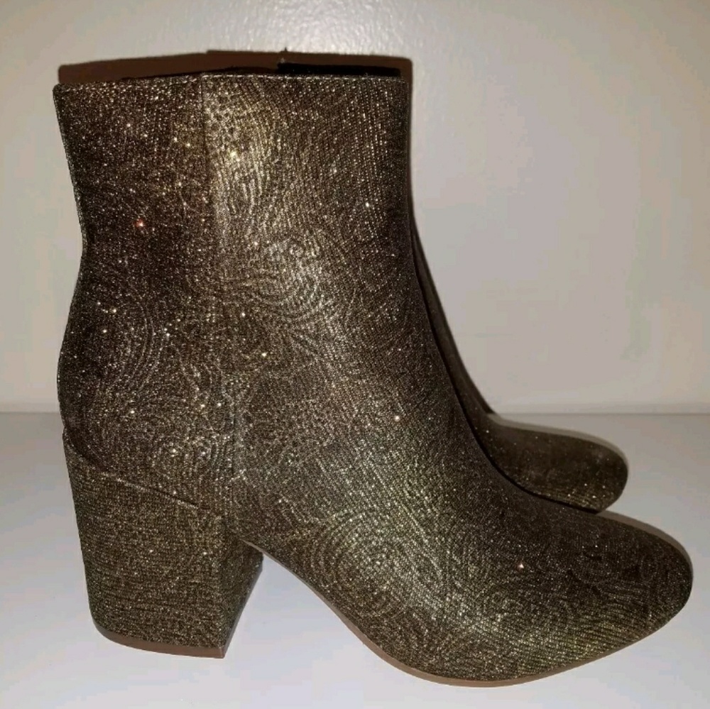Gold Metallic Brocade Floral Block Heel Booties